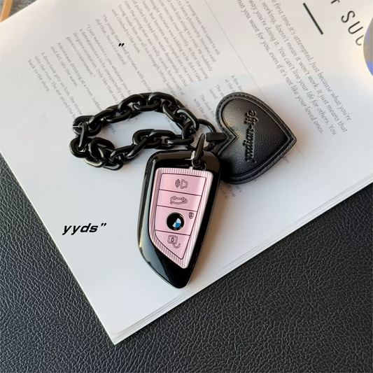BMW car key cover for new 5 series 3 series 7 series X5/iX3/X1/X3/X6 full wrap pink · black stripes + love chain blade key