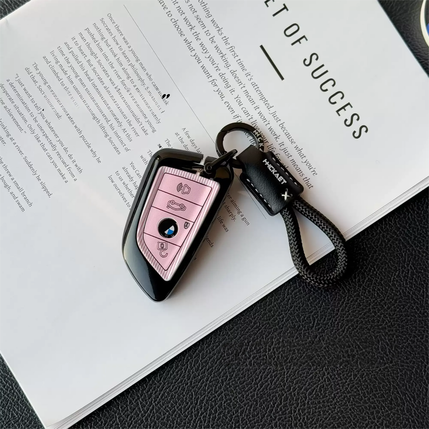 BMW car key cover for new 5 series 3 series 7 series X5/iX3/X1/X3/X6 full wrap pink · black stripes + love chain blade key