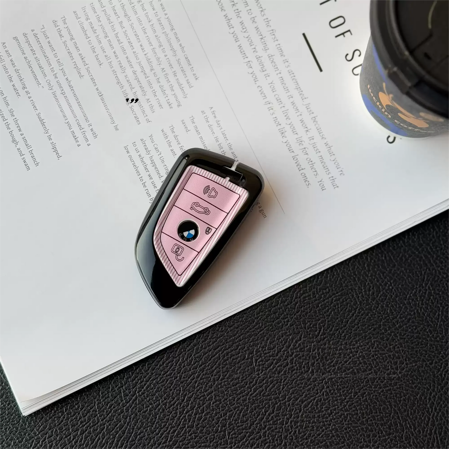 BMW car key cover for new 5 series 3 series 7 series X5/iX3/X1/X3/X6 full wrap pink · black stripes + love chain blade key
